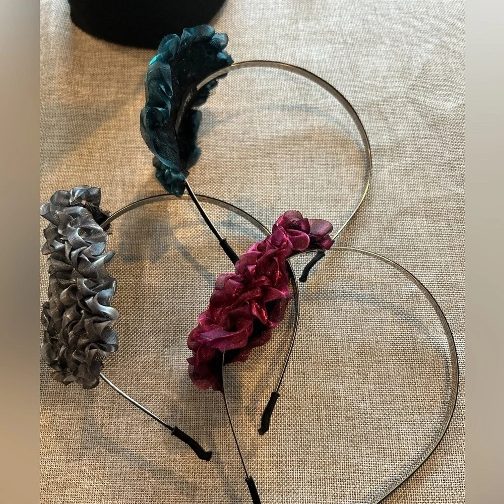 Set of 5 Organza Floral Headbands,Teal, Gray, and Pink, silver and purple